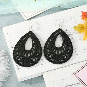 Matte Black Water Drop Hollow Wood Carved Earrings